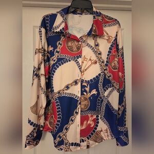 Blue and Cream Chain Print Button Down Shirt